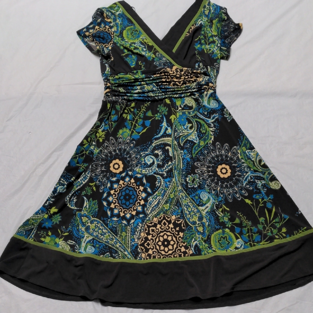 Vintage Y2K Babydoll Paisley Print Slinky Fit And Flare Dress Brown V Neck Sz 12